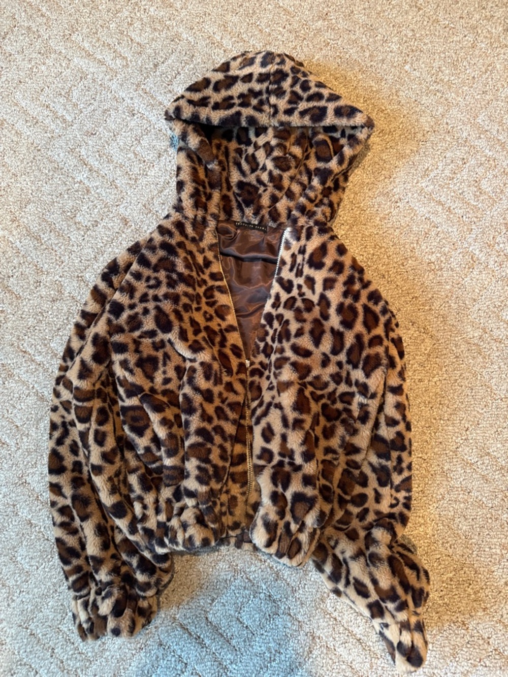 Brooklyn karma Faux Fur Leopard Print Hooded Jacket - Brown/Black small